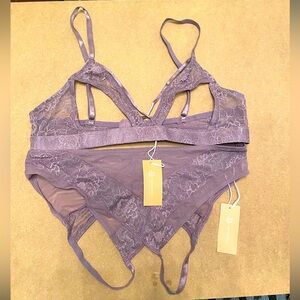 Lace Bralette and Panty Set - Purple